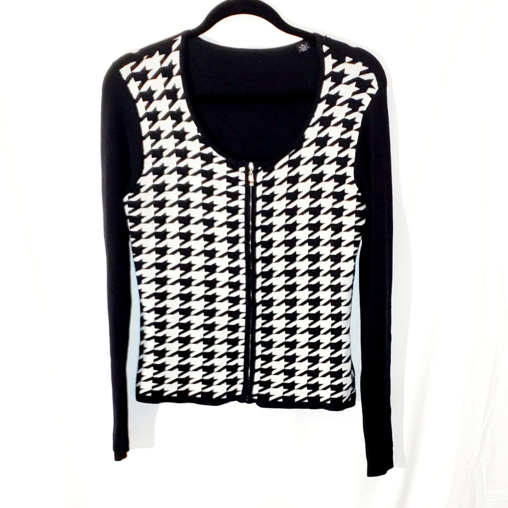 ❗️ Vintage Stretch Knit Houndstooth Zip Up Stretchy Sweater Large Black White - Picture 1 of 6